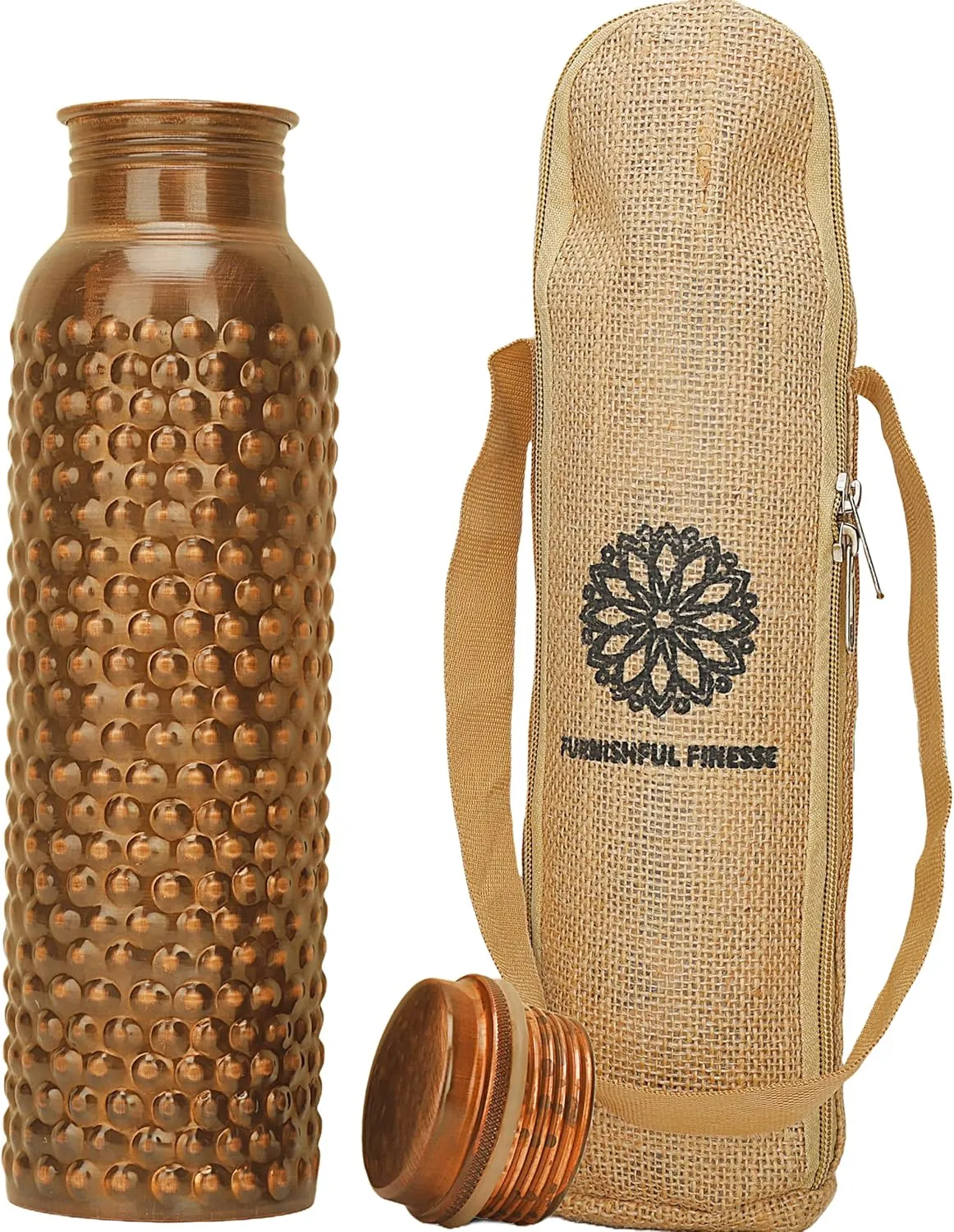 Pure Copper Water Bottle with Jute Carry Bag 34 Oz Copper Bottle for Drinking More Water Ayurvedic Copper Vessels for Gym, Yoga - 1000 ml (Antique Hammered Bottle)