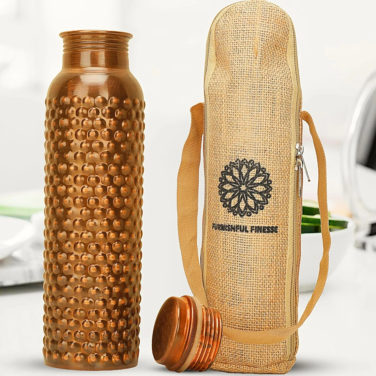 Pure Copper Water Bottle with Jute Carry Bag 34 Oz Copper Bottle for Drinking More Water Ayurvedic Copper Vessels for Gym, Yoga - 1000 ml (Antique Hammered Bottle)