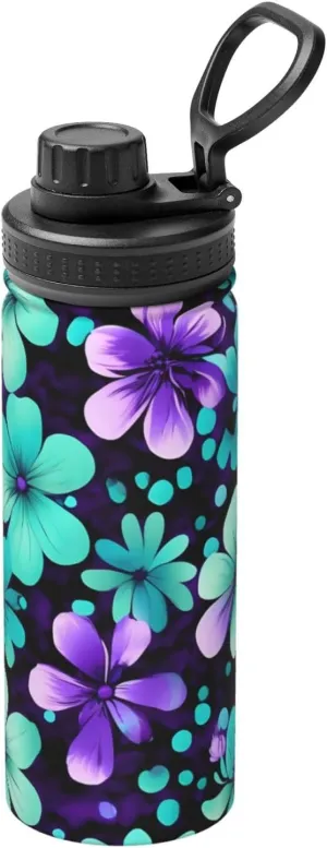 purple and teal flowers Sports Insulated Water Bottle - Premium 18 oz. Stainless Steel Hydration Bottle for Outdoor Enthusiasts