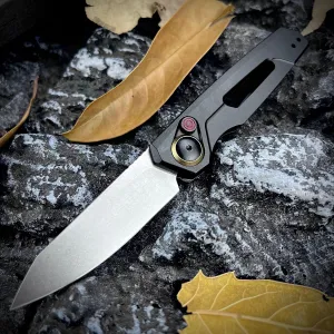 Push Button lock knife, Folding Pocket Knife For Men, Stonewashed Reverse Tanto Blade, Aluminum Handles With Reversible Deep Carry Pocket Clip for Everyday Carry Outdoor Camping EDC Tool (Black)