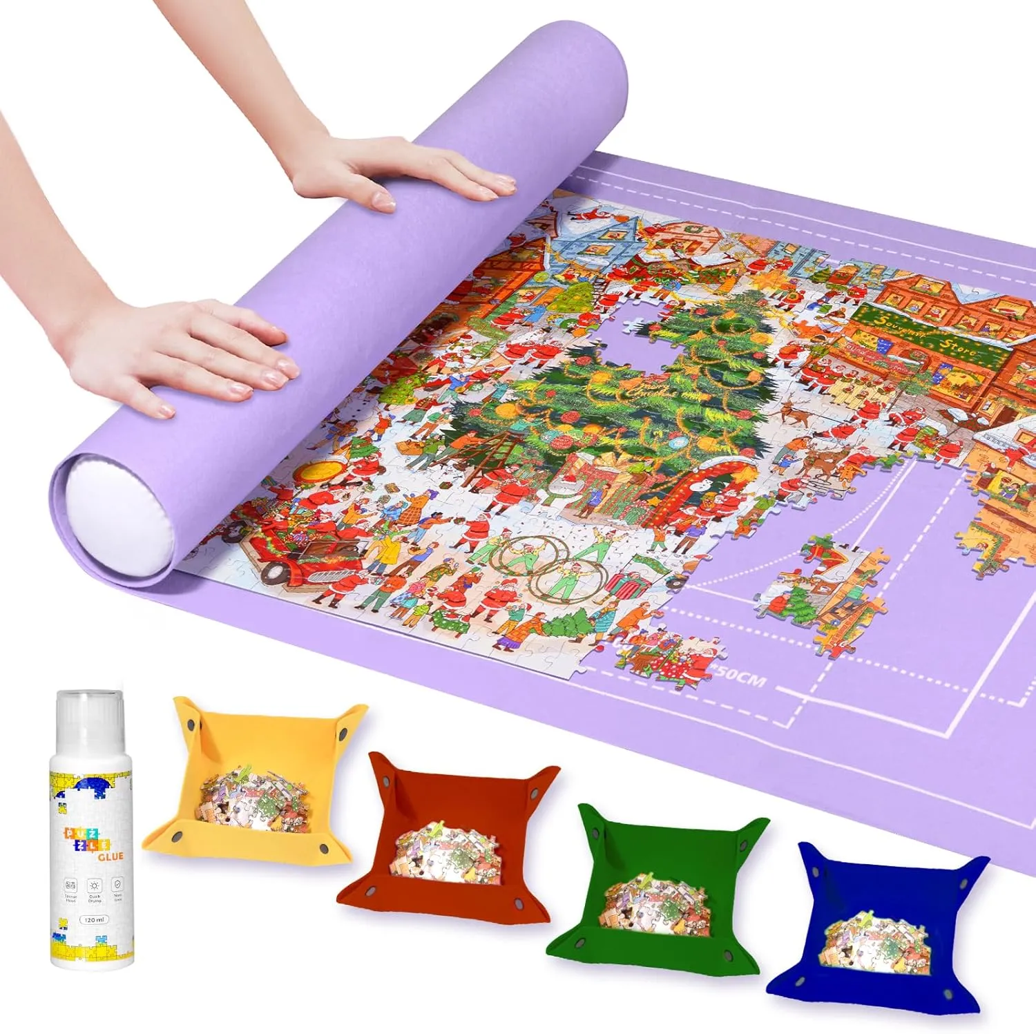 Puzzle Mat - 1500 Piece Jigsaw, Felt Roll-Up Mat for Adults, with Glue, Applicator, 4 Sorting Trays & Storage Bag & Pump, Portable Puzzle Saver (Purple)