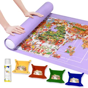 Puzzle Mat - 1500 Piece Jigsaw, Felt Roll-Up Mat for Adults, with Glue, Applicator, 4 Sorting Trays & Storage Bag & Pump, Portable Puzzle Saver (Purple)