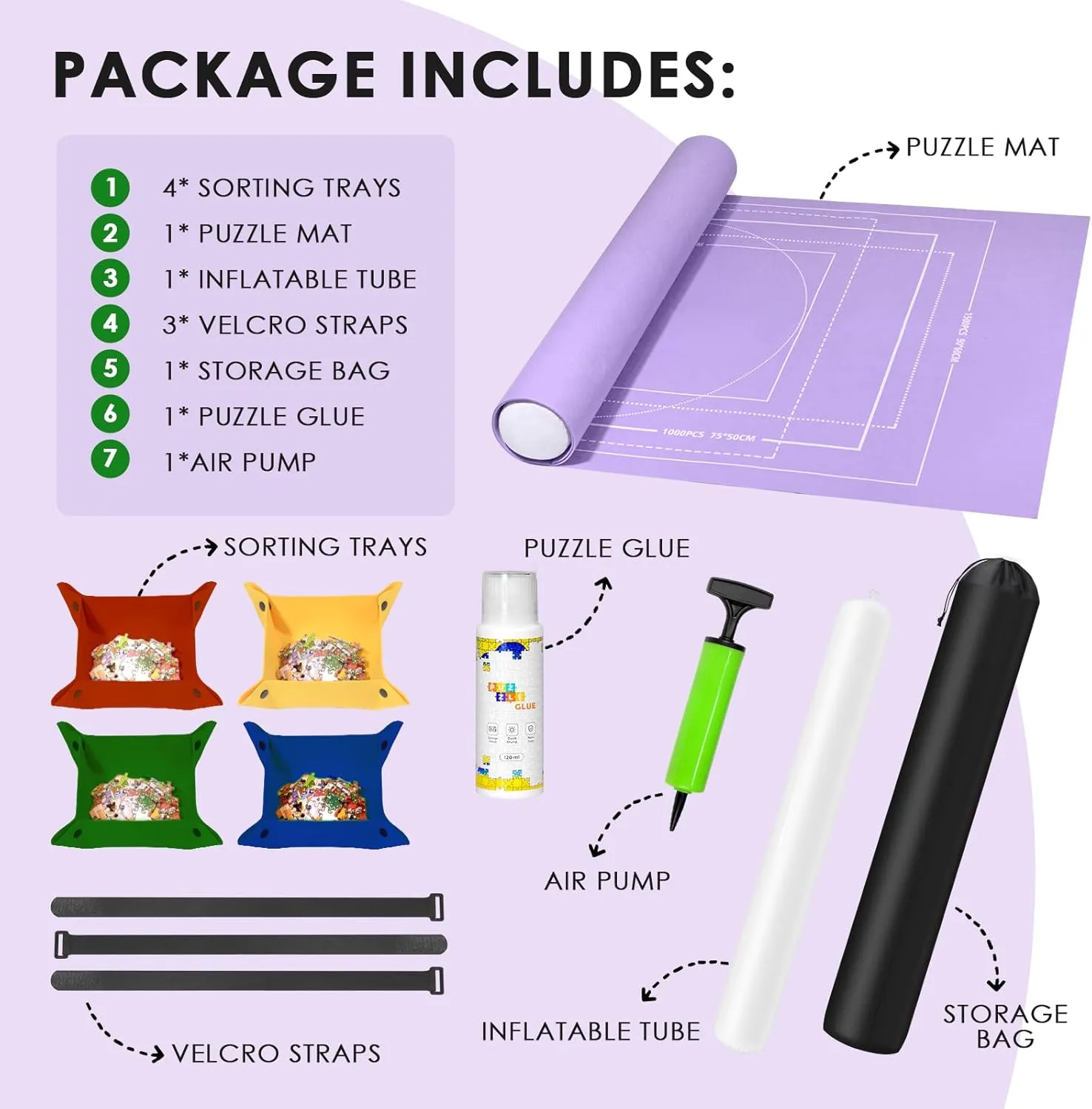 Puzzle Mat - 1500 Piece Jigsaw, Felt Roll-Up Mat for Adults, with Glue, Applicator, 4 Sorting Trays & Storage Bag & Pump, Portable Puzzle Saver (Purple)