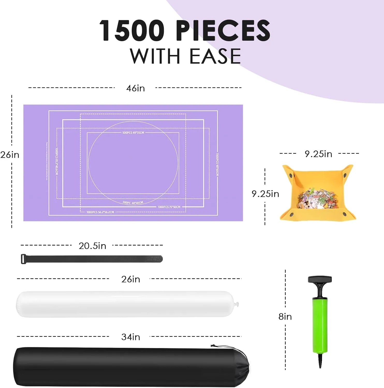 Puzzle Mat - 1500 Piece Jigsaw, Felt Roll-Up Mat for Adults, with Glue, Applicator, 4 Sorting Trays & Storage Bag & Pump, Portable Puzzle Saver (Purple)