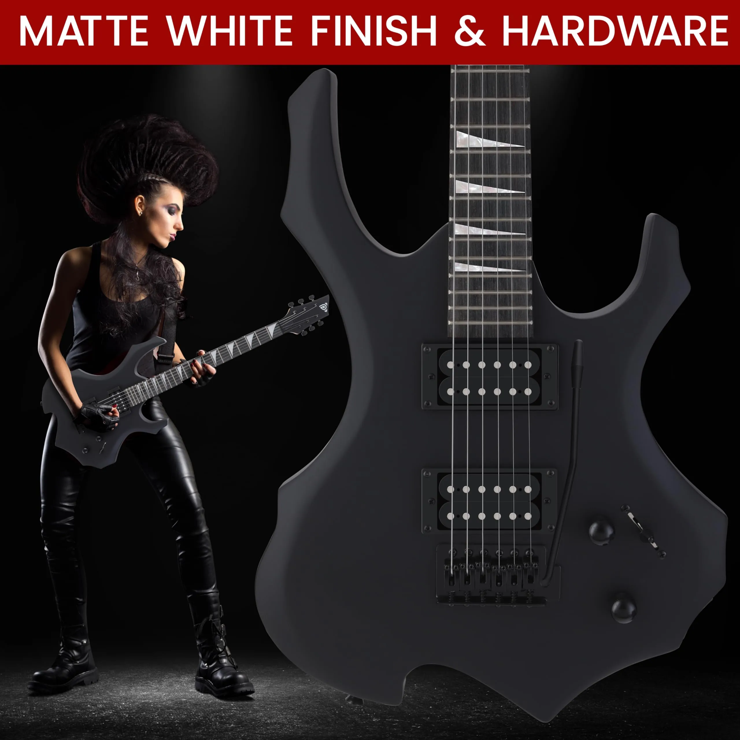 Pyle Heavy Metal EG Fire Electric Guitar Axe w/ Amplifier Kit, Full Size Instrument w/ Practice Amp &amp; Accessories, Black Matte