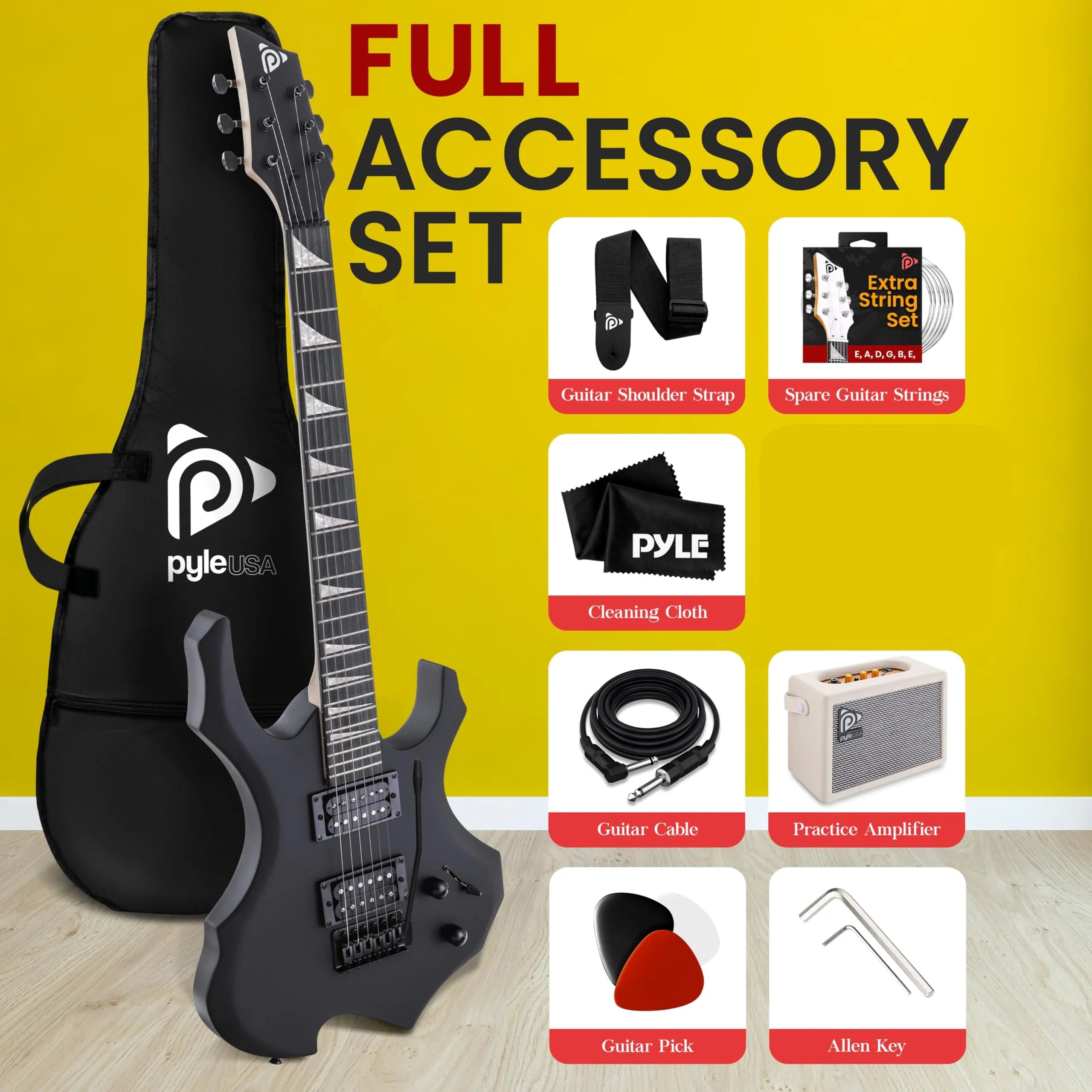 Pyle Heavy Metal EG Fire Electric Guitar Axe w/ Amplifier Kit, Full Size Instrument w/ Practice Amp &amp; Accessories, Black Matte