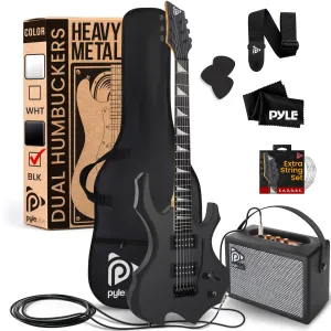 Pyle Heavy Metal EG Fire Electric Guitar Axe w/ Amplifier Kit, Full Size Instrument w/ Practice Amp &amp; Accessories, Black Matte