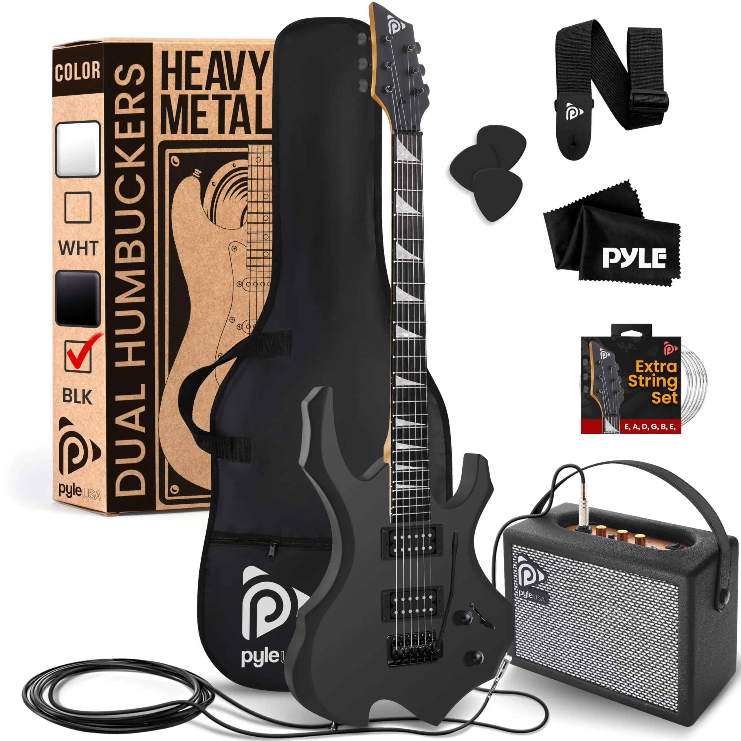 Pyle Heavy Metal EG Fire Electric Guitar Axe w/ Amplifier Kit, Full Size Instrument w/ Practice Amp &amp; Accessories, Black Matte