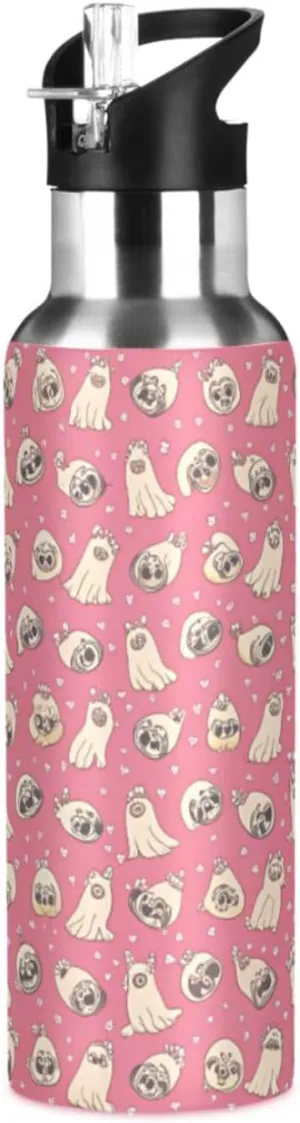 Qilmy Cartoon Pug Dog Sport Water Bottle with Straw Lid Double Wall Vacuum Insulated Flask Stainless Steel Water Bottle 20 oz