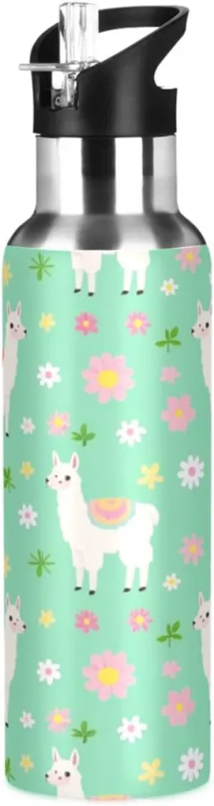 Qilmy Cute Alpaca Sport Water Bottle with Straw Lid Double Wall Vacuum Insulated Flask Stainless Steel Water Bottle 20 oz
