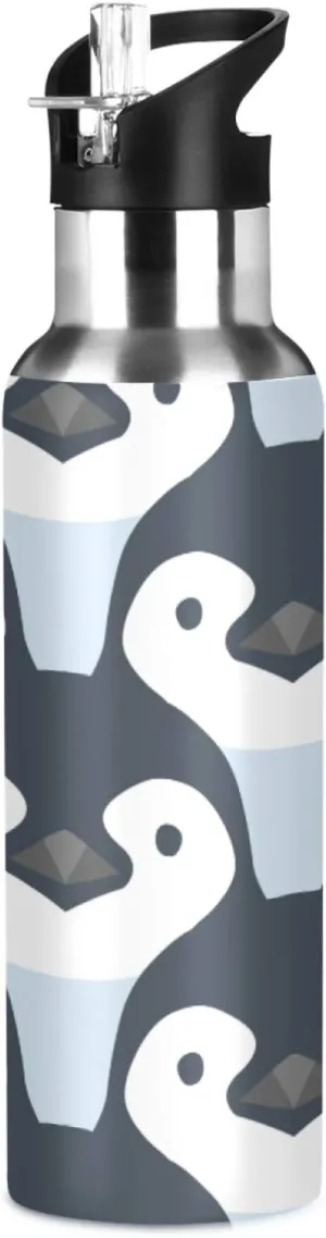 Qilmy Penguin Sport Water Bottle with Straw Lid Double Wall Vacuum Insulated Flask Stainless Steel Water Bottle 20 oz