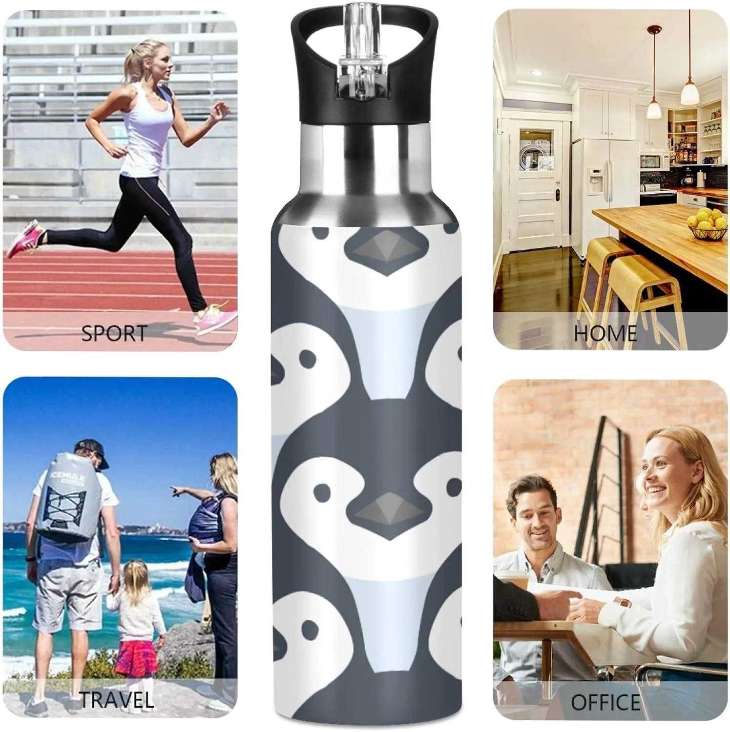 Qilmy Penguin Sport Water Bottle with Straw Lid Double Wall Vacuum Insulated Flask Stainless Steel Water Bottle 20 oz