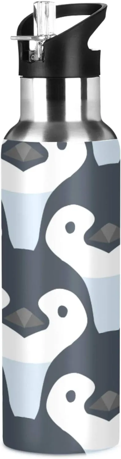 Qilmy Penguin Sport Water Bottle with Straw Lid Double Wall Vacuum Insulated Flask Stainless Steel Water Bottle 20 oz