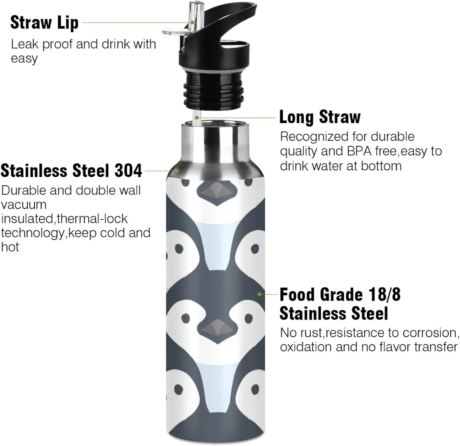 Qilmy Penguin Sport Water Bottle with Straw Lid Double Wall Vacuum Insulated Flask Stainless Steel Water Bottle 20 oz