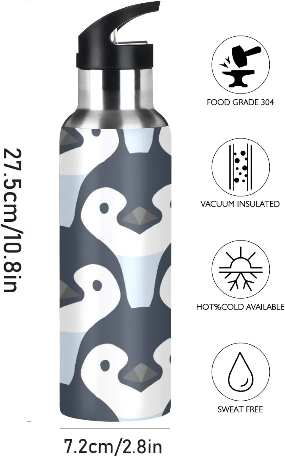 Qilmy Penguin Sport Water Bottle with Straw Lid Double Wall Vacuum Insulated Flask Stainless Steel Water Bottle 20 oz