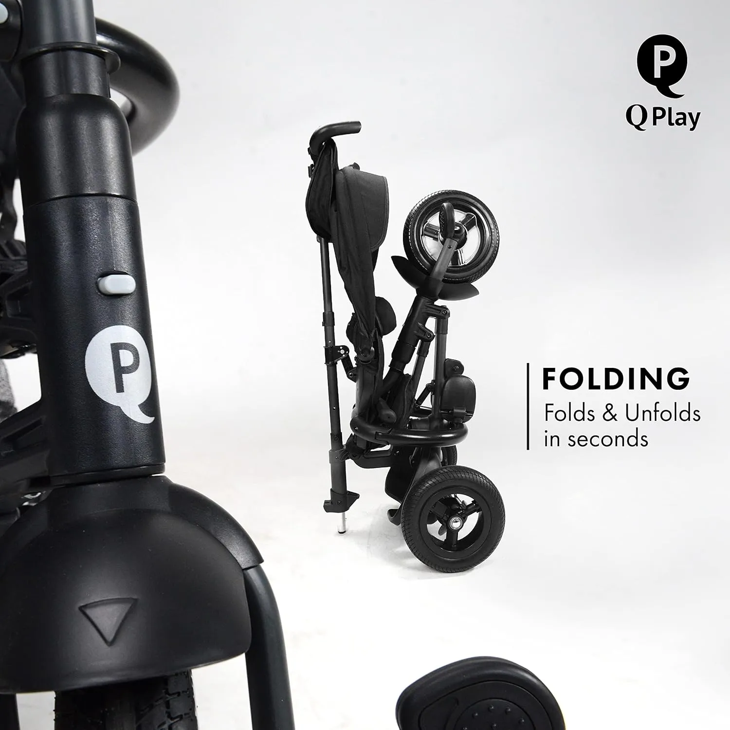 QPlay Rito Toddler Tricycle with 3-Stages - Premium Push Trike Featuring Easy Storage & Transportability, Safety Harness, Adjustable Canopy & Parent Handle (Ages 1-5, Black)
