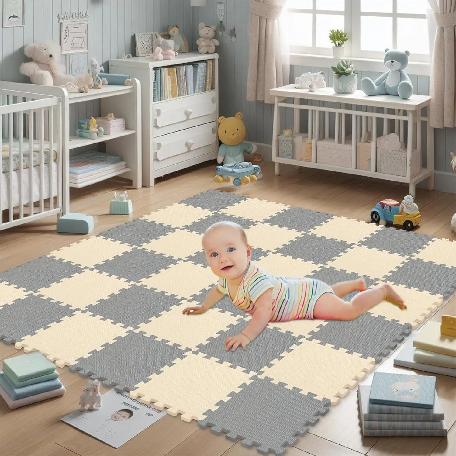 qqpp EVA Rubber 18 Tiles Interlocking Puzzle Foam Floor Mats - Baby Play Mat for Playing | Exercise Mat for Home Workout. Beige, Gray. QC-JLb18N