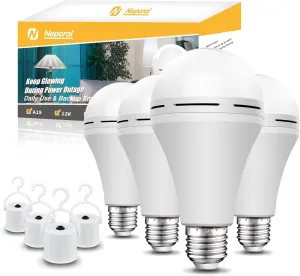 Rechargeable Light Bulbs, Back Up Battery Light Bulbs, 15W 80W Equivalent 6000K 1200mAh Battery Operated Light Bulb for Power Outage Hurricane, Emergency Lights for Home Power Failure, Pack of 4