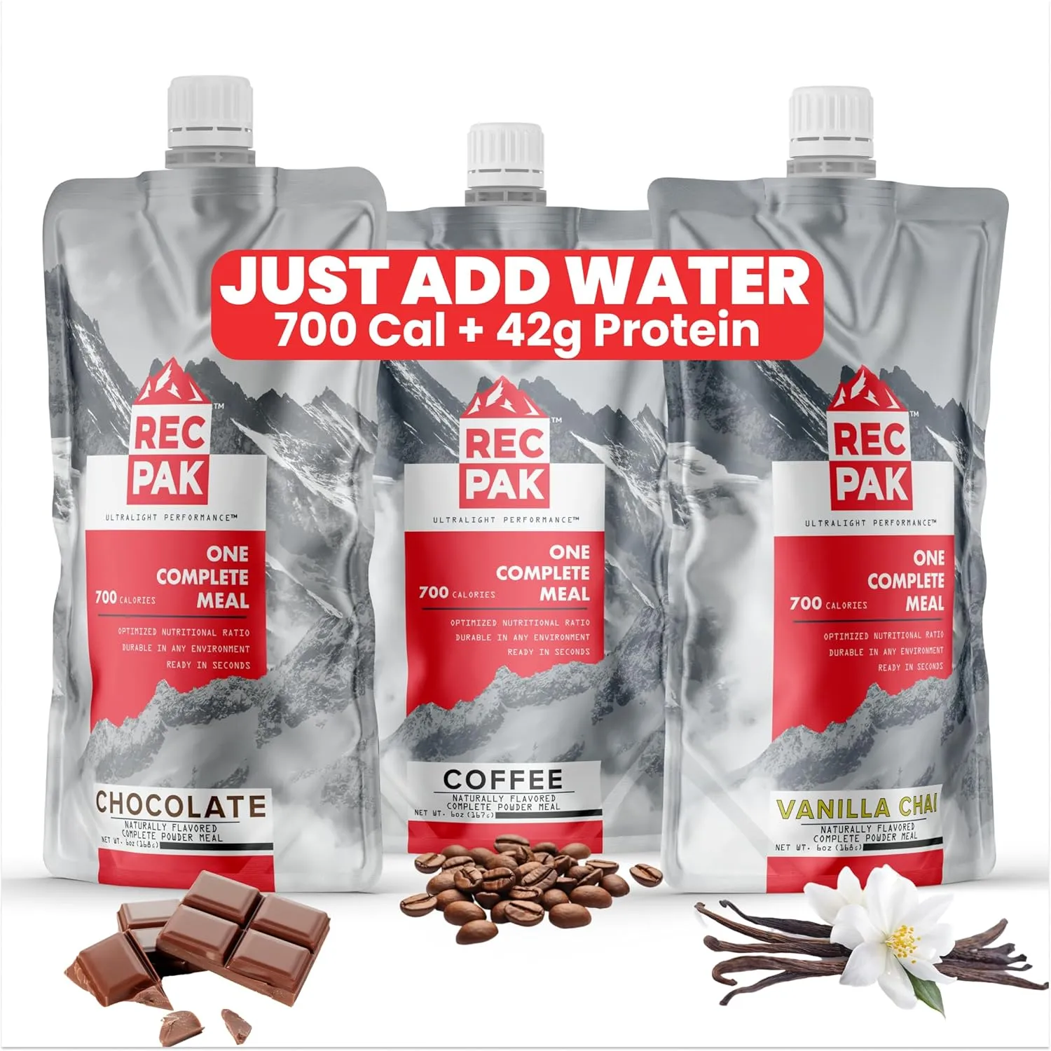 RecPak Performance Ultralight Instant Meals For Your Next Adventure | 700 Cal 42g Protein I Mixed Flavors (3-Pack)