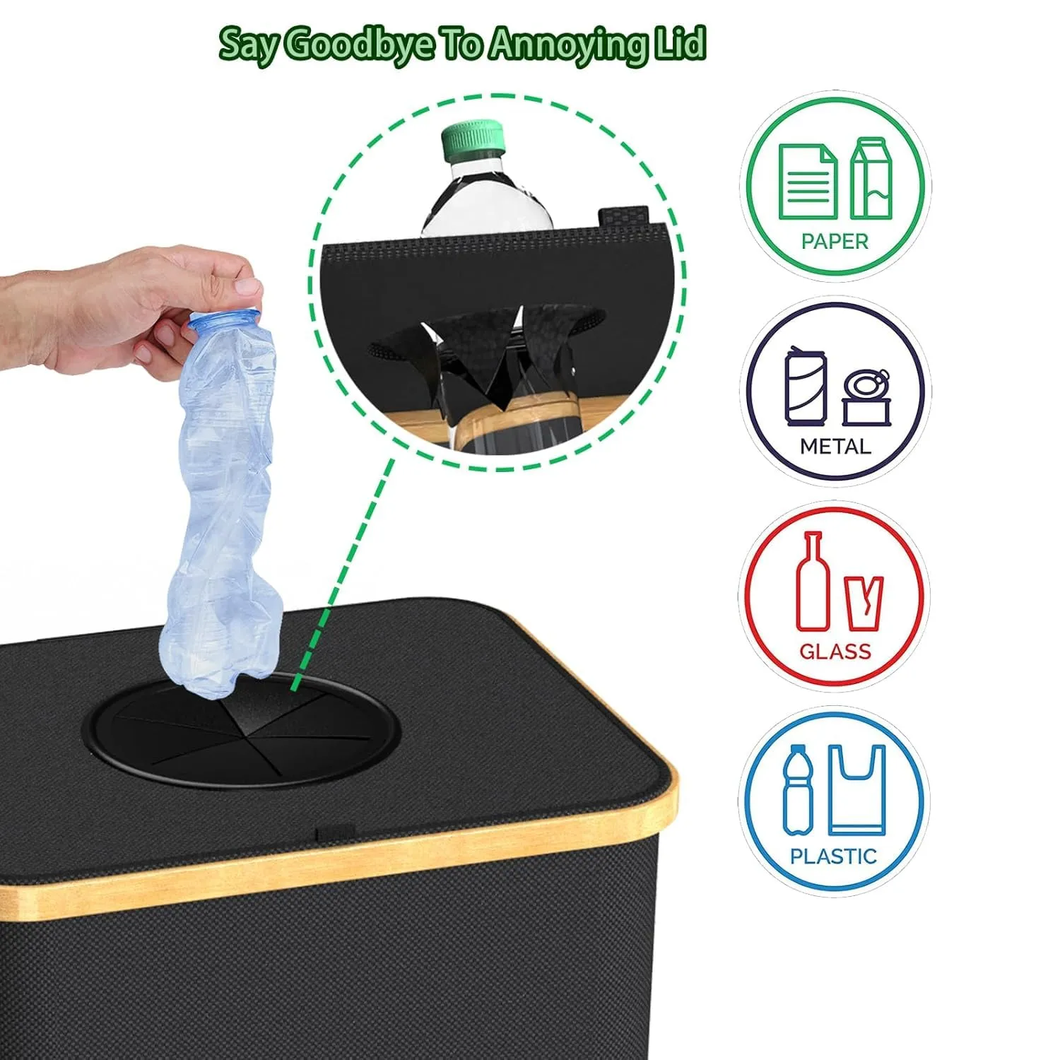Recycling Bin for Kitchen Indoor Home, Large 26 Gallon 100L Recycle Bin with Lid Removeable Reusable Inner Bag Bottle Can Glass Waste Plastice Stickers,Black