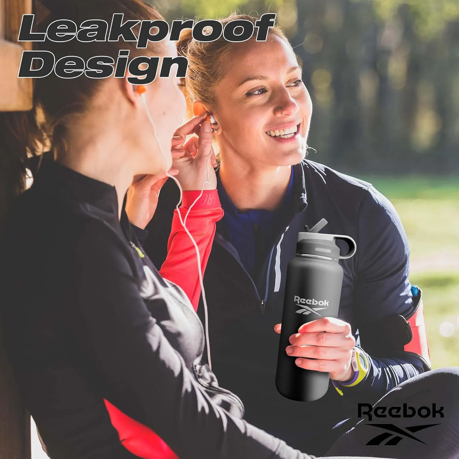 Reebok Stainless Steel Water Bottle With Straw & Lifestyle Design - Insulated Water Bottles 40 oz - Double Wall Vacuum Insulated Sports Water Bottle With Straw, BPA Free (Black)