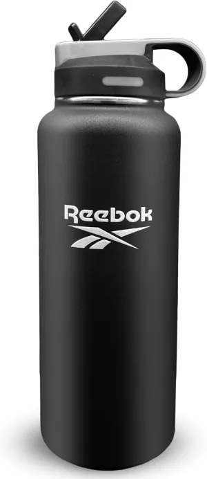 Reebok Stainless Steel Water Bottle With Straw & Lifestyle Design - Insulated Water Bottles 40 oz - Double Wall Vacuum Insulated Sports Water Bottle With Straw, BPA Free (Black)