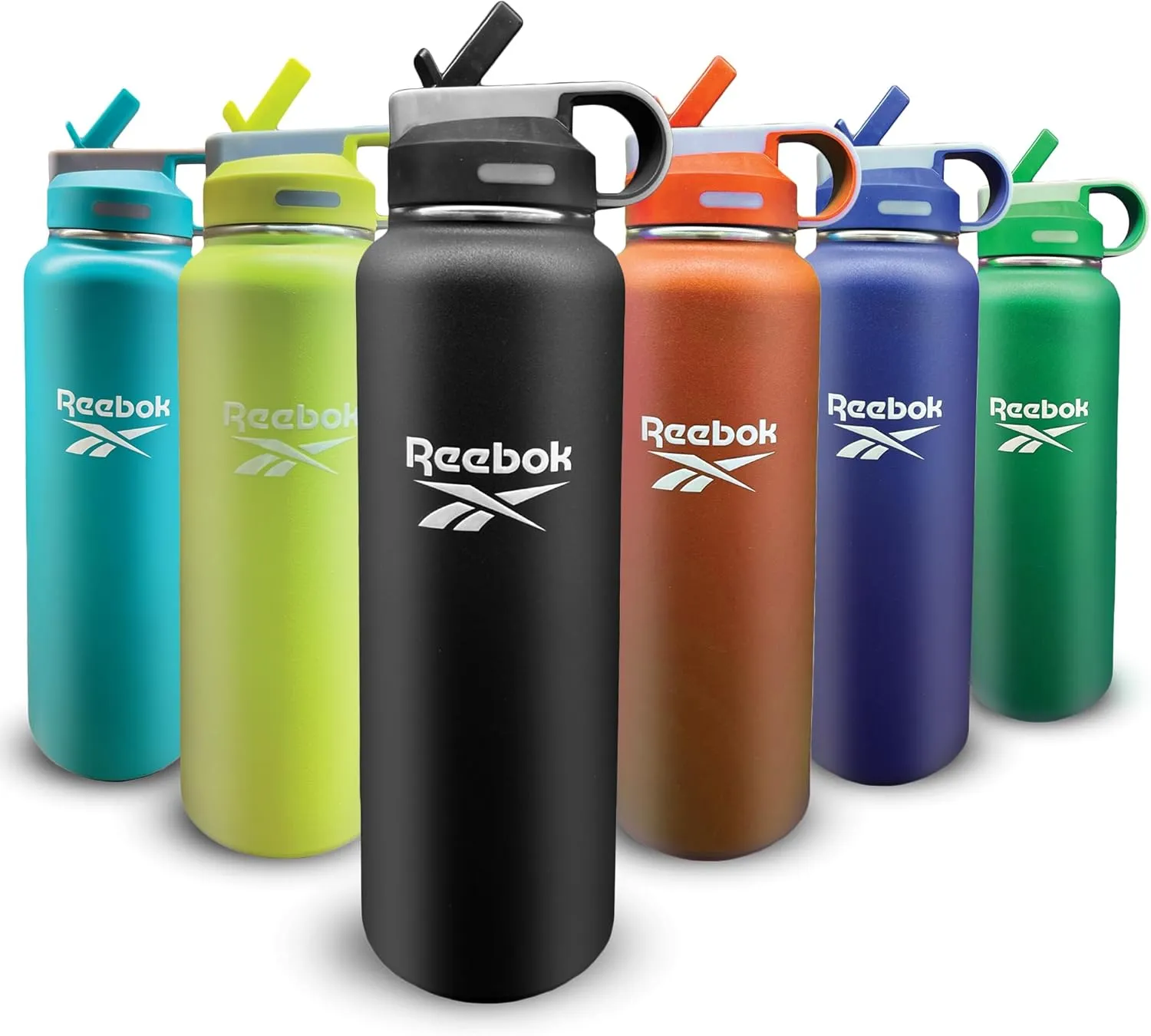 Reebok Stainless Steel Water Bottle With Straw & Lifestyle Design - Insulated Water Bottles 40 oz - Double Wall Vacuum Insulated Sports Water Bottle With Straw, BPA Free (Black)