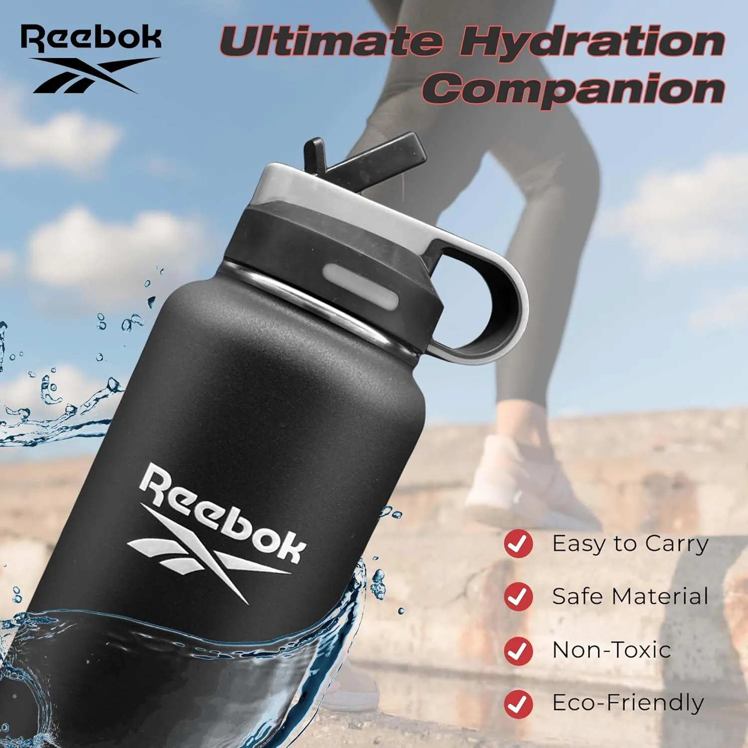 Reebok Stainless Steel Water Bottle With Straw & Lifestyle Design - Insulated Water Bottles 40 oz - Double Wall Vacuum Insulated Sports Water Bottle With Straw, BPA Free (Black)