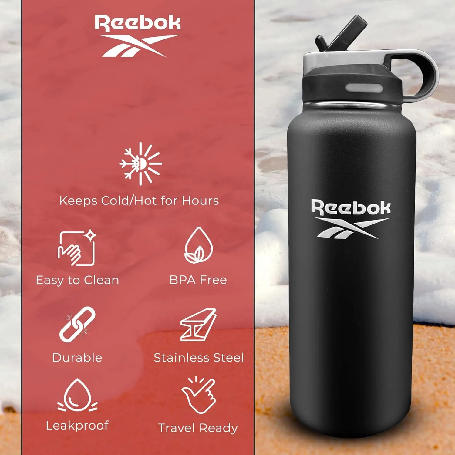 Reebok Stainless Steel Water Bottle With Straw & Lifestyle Design - Insulated Water Bottles 40 oz - Double Wall Vacuum Insulated Sports Water Bottle With Straw, BPA Free (Black)