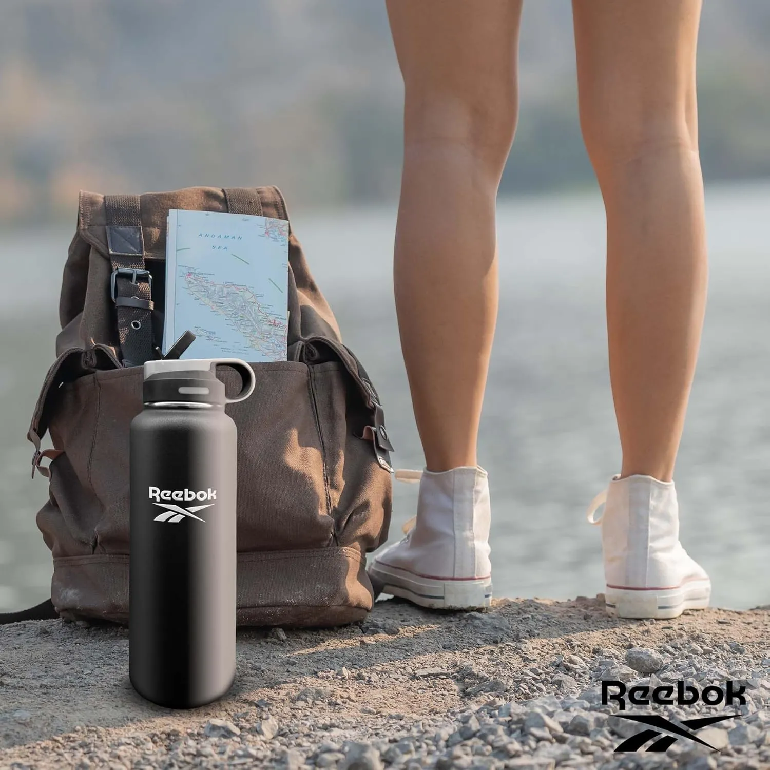 Reebok Stainless Steel Water Bottle With Straw & Lifestyle Design - Insulated Water Bottles 40 oz - Double Wall Vacuum Insulated Sports Water Bottle With Straw, BPA Free (Black)