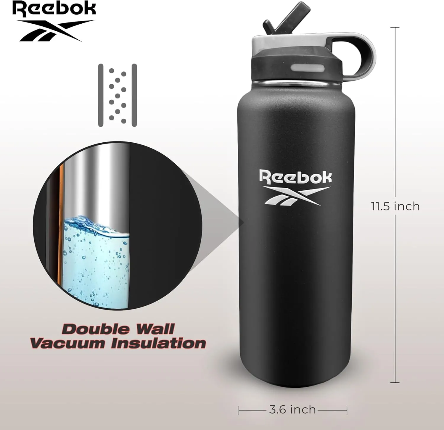 Reebok Stainless Steel Water Bottle With Straw & Lifestyle Design - Insulated Water Bottles 40 oz - Double Wall Vacuum Insulated Sports Water Bottle With Straw, BPA Free (Black)