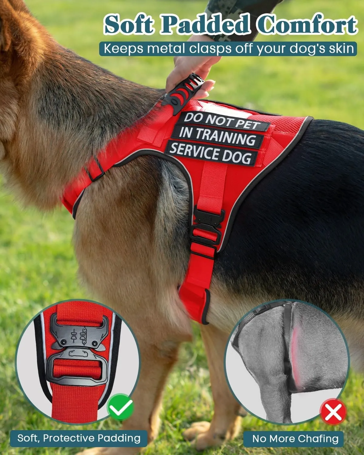 Reflective No Pull Service Dog in Training Vest Harness for Medium Large Dogs, Red Metal Buckles Front Clip Comfort Padded Adjustable Dog Harness with Do Not Pet Patches for Training Walking