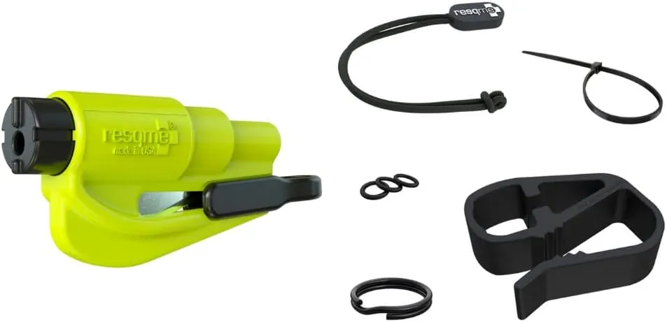 resqme Accessory Pack The Original Emergency Keychain Car Escape Tool, 2-in-1 Seatbelt Cutter and Window Breaker, Made in USA With Visor Clip, Lanyard, Keyring and Cable Tie - Yellow