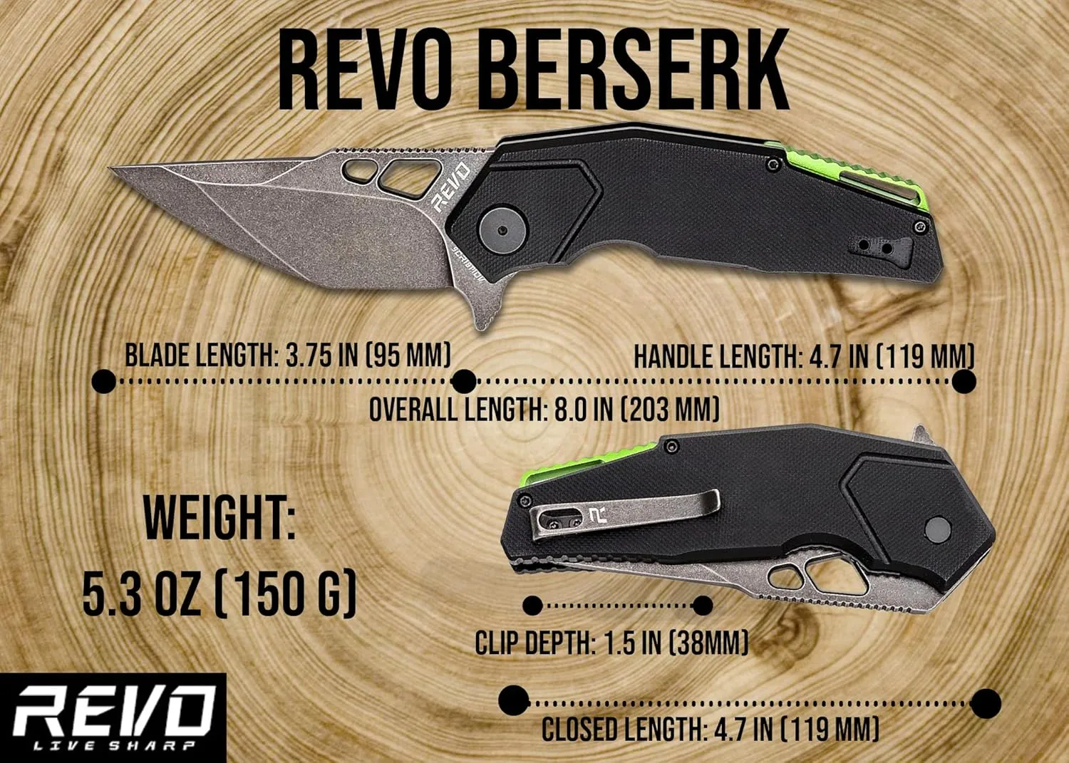 REVO Berserk REV2 - Black, 3.875" Engineered Stainless Steel with G10 Scale Handle, Flipper Tab Open Ball Bearing Pivot System, Heavy Duty Blade with EDC Grind, Reversible Pocket Clip Tactical Knife