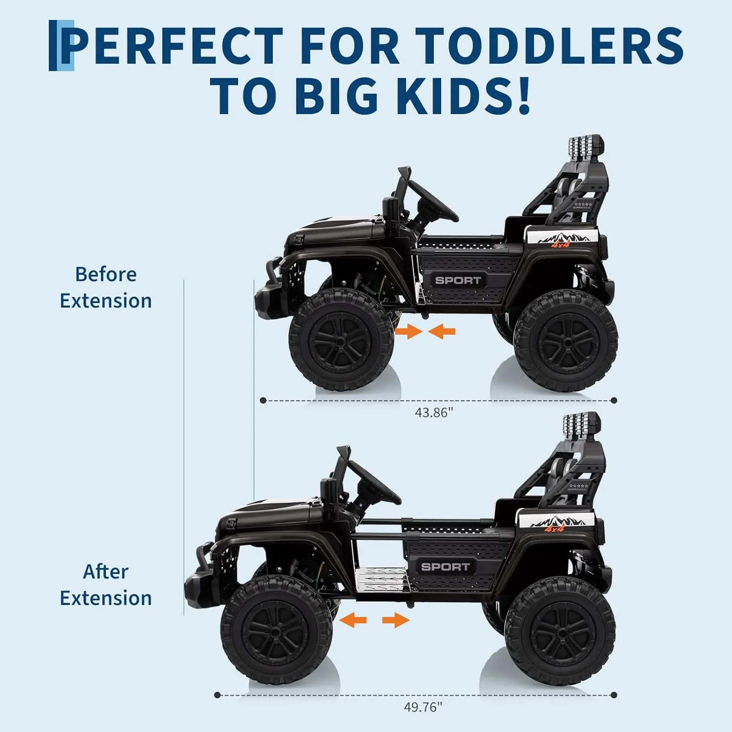 Ride On Toys, Adjustable Car Body, 2 Seater 24V Toddler Car, Ride On Car with Remote Control, Ride On Truck w/ 4-Wheeler Suspension, 3 Speeds, LED Lights, Black
