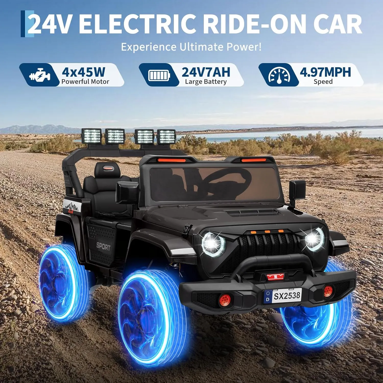 Ride On Toys, Adjustable Car Body, 2 Seater 24V Toddler Car, Ride On Car with Remote Control, Ride On Truck w/ 4-Wheeler Suspension, 3 Speeds, LED Lights, Black