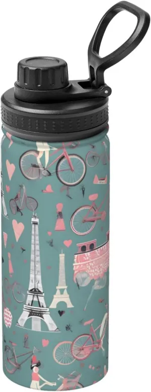Romantic Paris Eiffel Tower Bycicle Sports Insulated Water Bottle - Premium 18 oz. Stainless Steel Hydration Bottle for Outdoor Enthusiasts