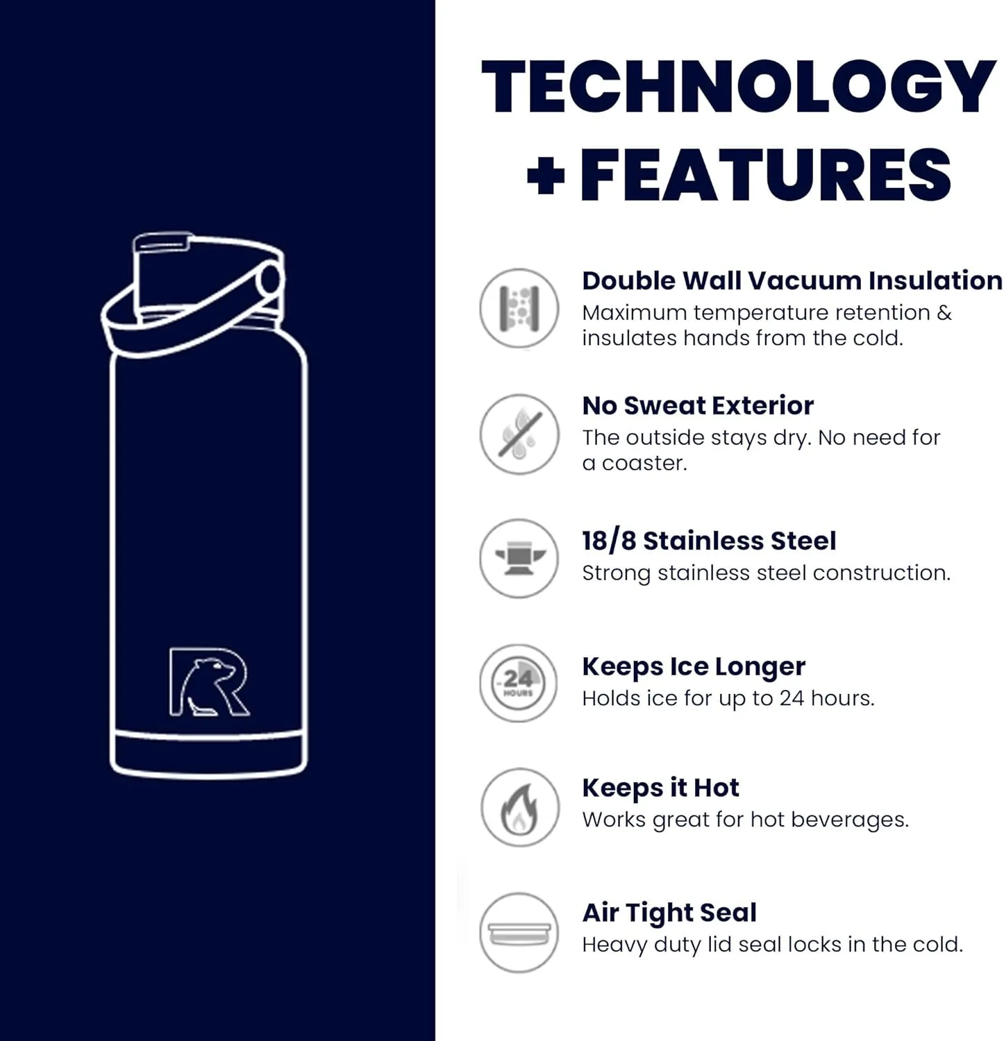 RTIC 36oz Vacuum Insulated Water Bottle, Metal Stainless Steel Double Wall Insulation, BPA Free Reusable, Leak-Proof Thermos Flask for Hot and Cold Drinks, Travel, Sports, Camping, Coral