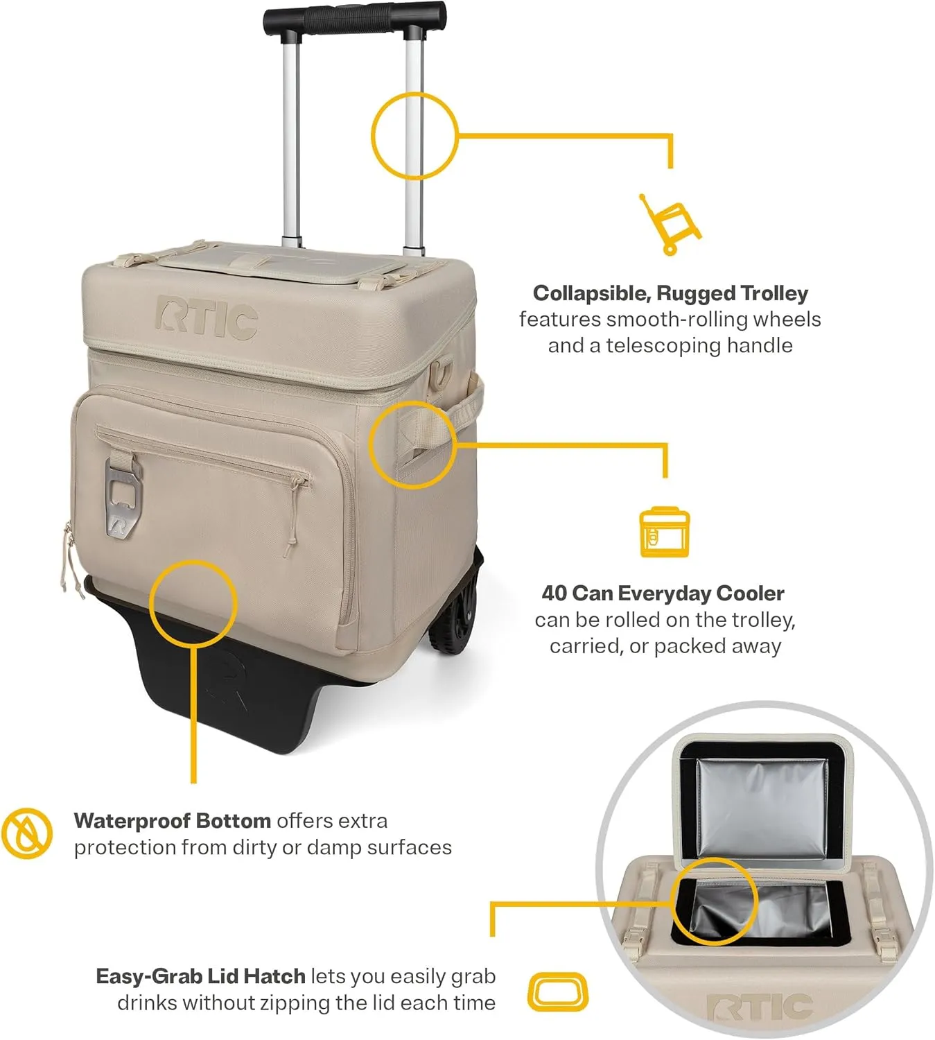 RTIC 40 Can Everyday Wheeled Cooler, Soft Sided Insulated Portable Rolling Collapsible Cooler Bag with Wheels and Handle for Outdoor, Beach, Camping, Sports, Travel, Leakproof