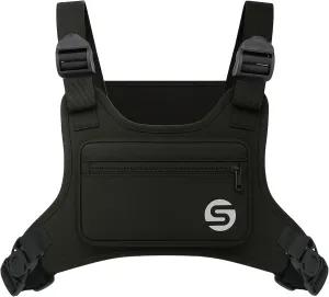 Running Chest Bag for Men Women with Collapsible Water Bottle, Water-Resistant Adjustable Chest Pack with Reflective Back for Cycling, Hiking, Workouts, with Phone Holder and Extra Storage (Black)