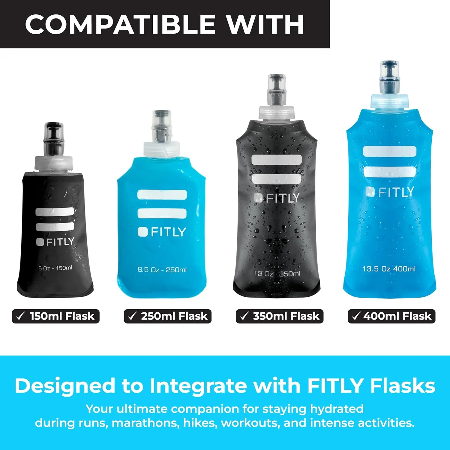 Running Handheld Water Bottle 10 oz Soft Flask - Hand Water Bottle For Runners, Hiking, Skiing & Outdoor Activity - F3LPG (300ml) Collapsible Flask - Hydration Holder with Pocket - Petrol Blue