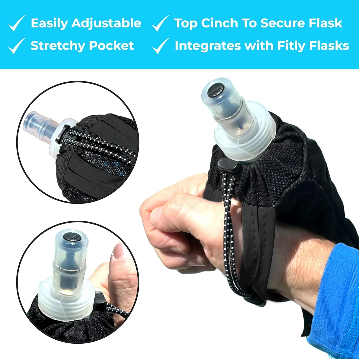 Running Handheld Water Bottle 10 oz Soft Flask - Hand Water Bottle For Runners, Hiking, Skiing & Outdoor Activity - F3LPG (300ml) Collapsible Flask - Hydration Holder with Pocket - Petrol Blue