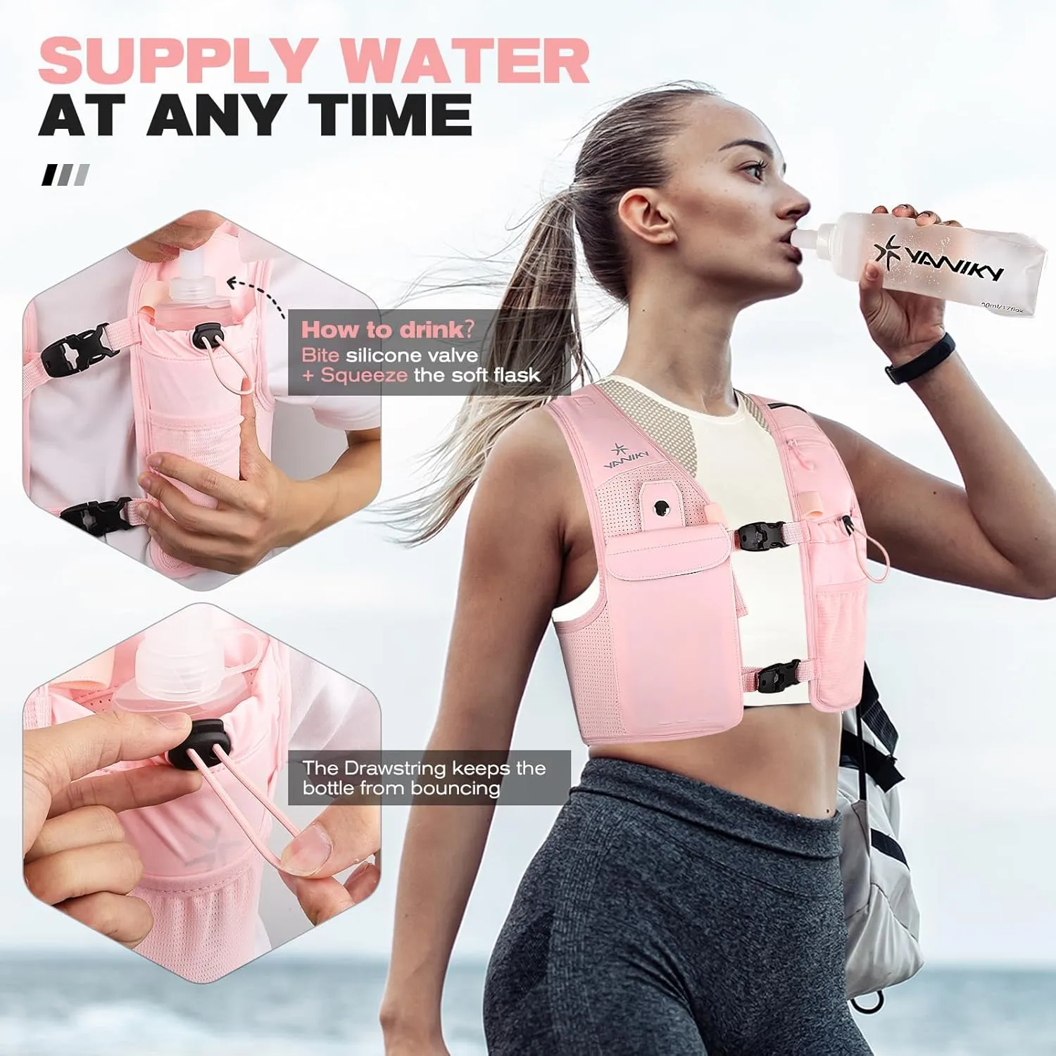 Running Vest for Women Men, Lightweight Breathable Hydration Vest with 500ml Soft Flask, Adjustable Reflective Running Vest with Pockets for Trail Running Hiking