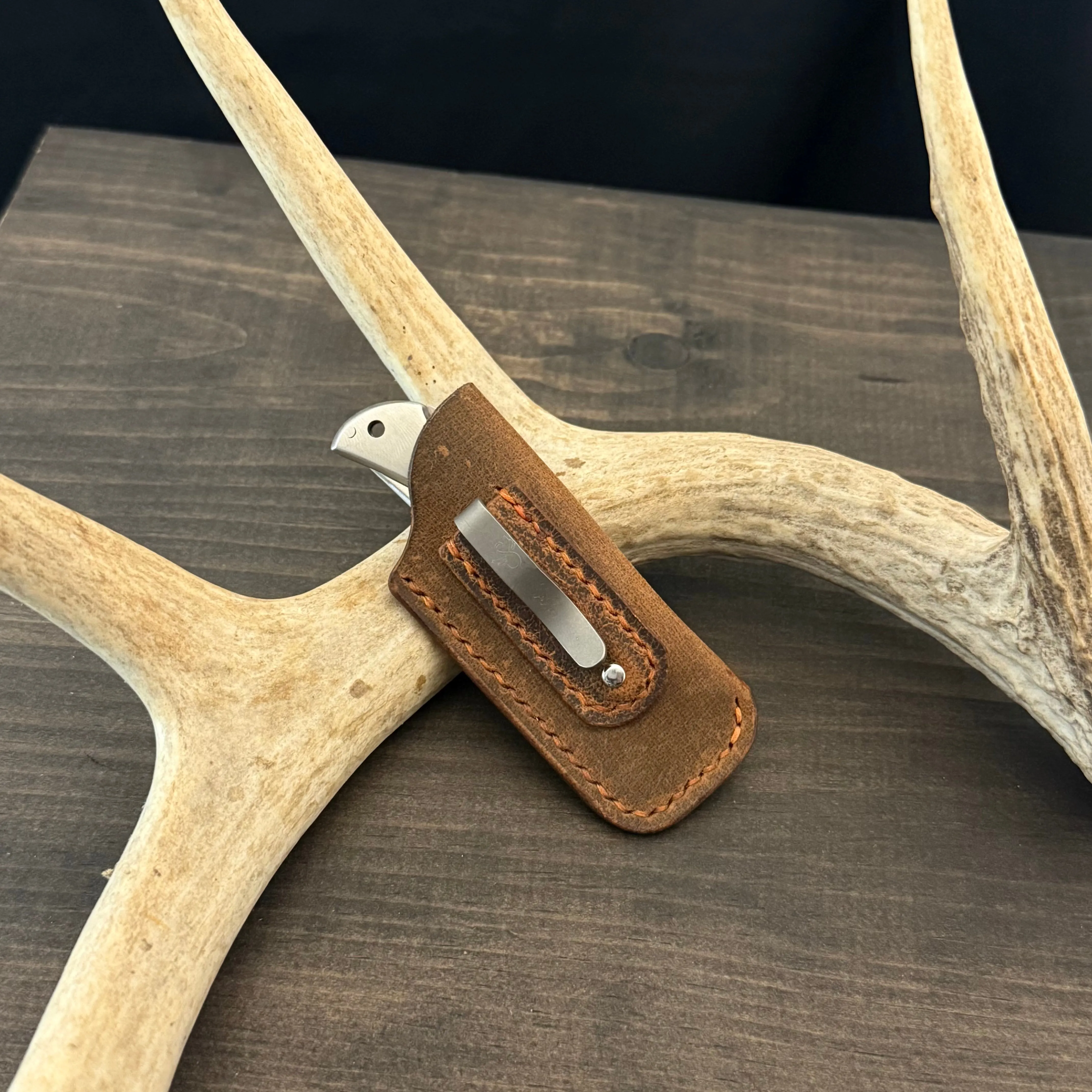 SBL Pocket Sheath. Micro. Buffalo Brown. Orange Stitch. #129