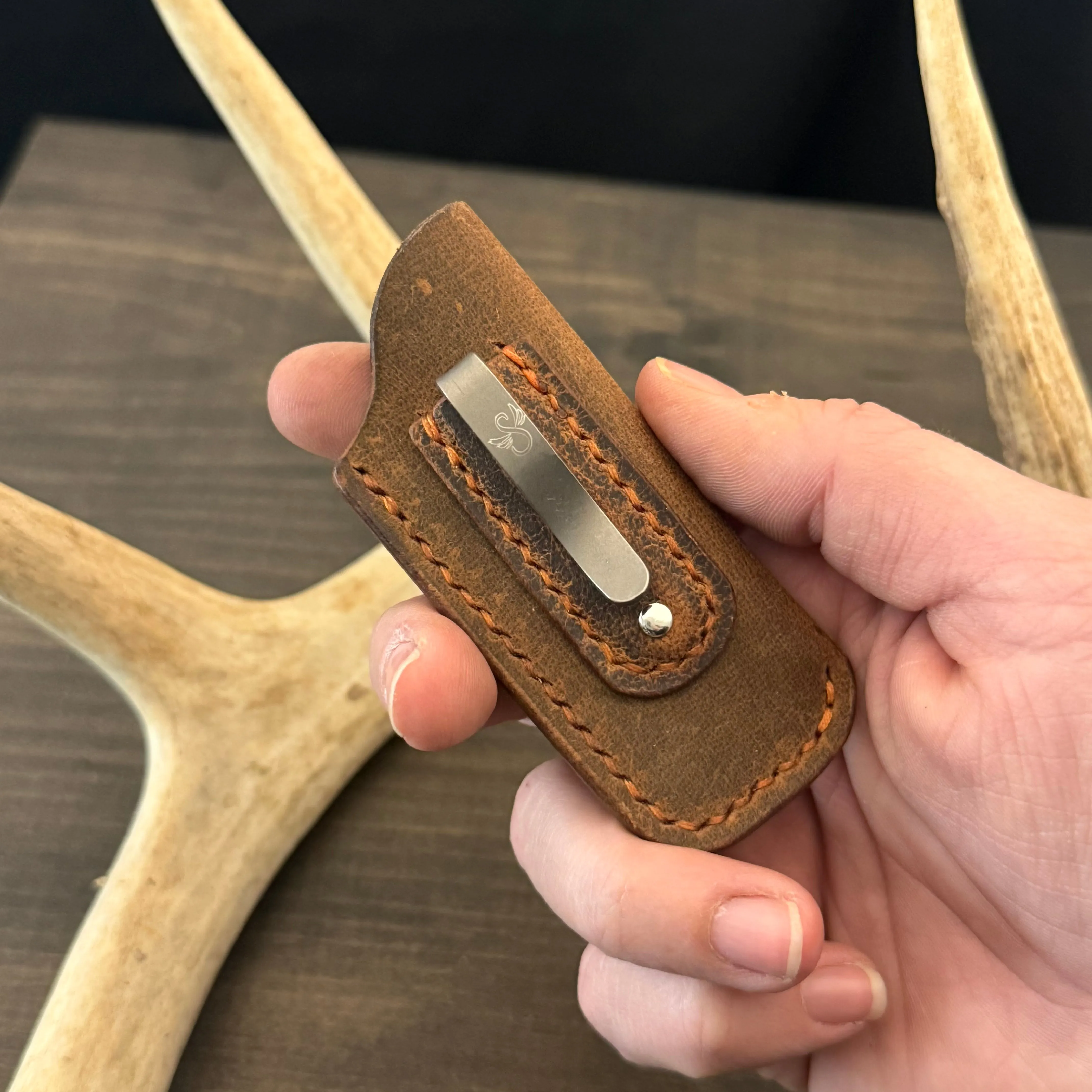 SBL Pocket Sheath. Micro. Buffalo Brown. Orange Stitch. #129
