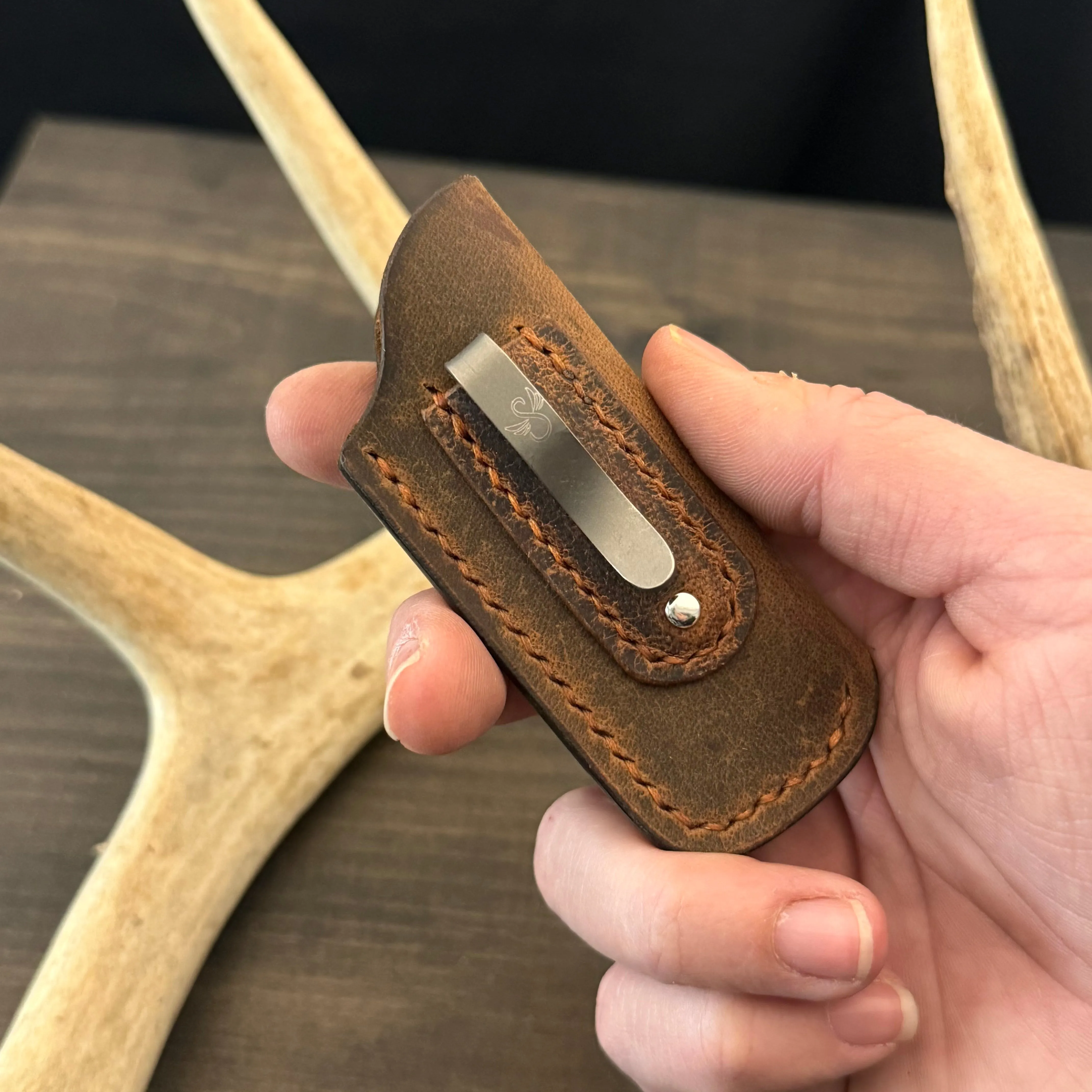 SBL Pocket Sheath. Micro. Buffalo Brown. Orange Stitch. #129