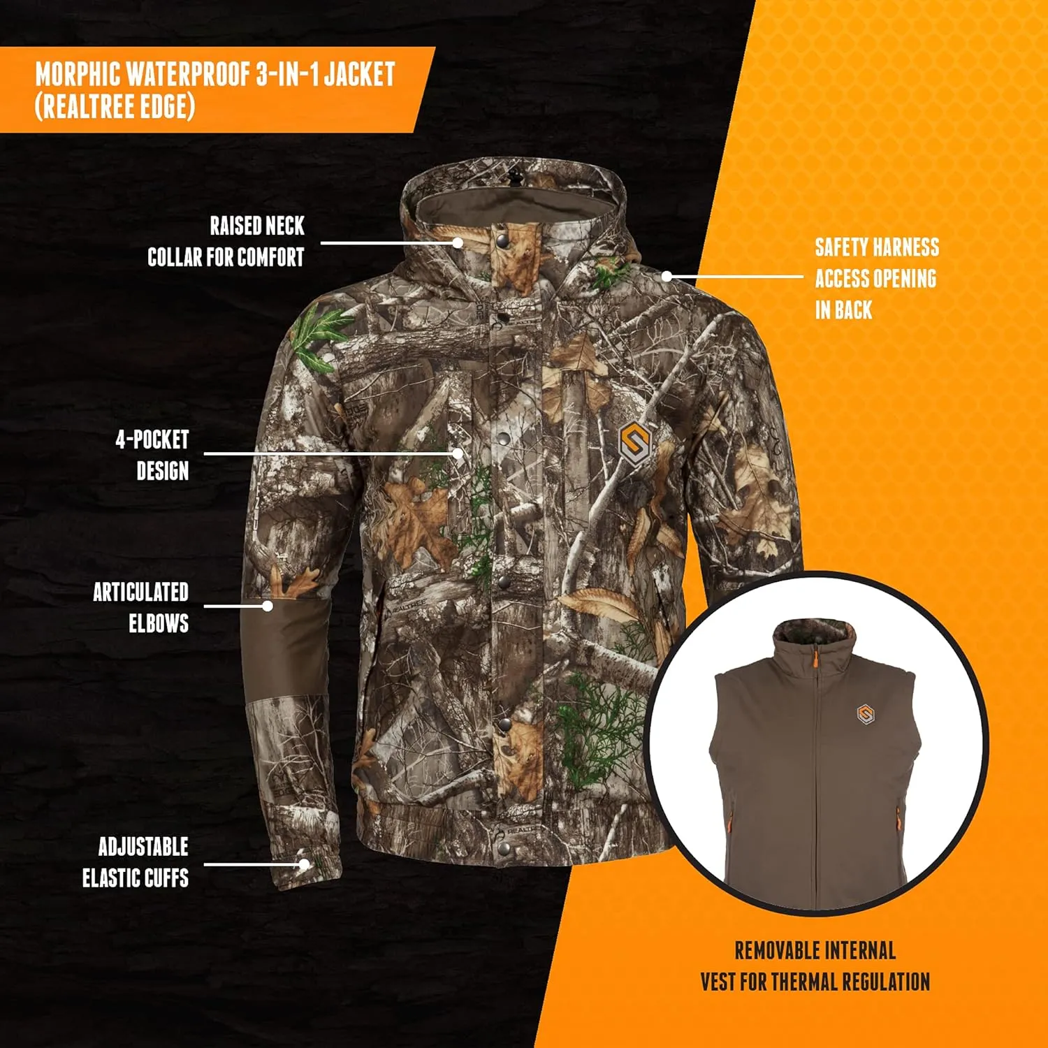 ScentLok Morphic V2 3-in-1 Waterproof and Windproof Camo Hunting Jacket With Removable Vest