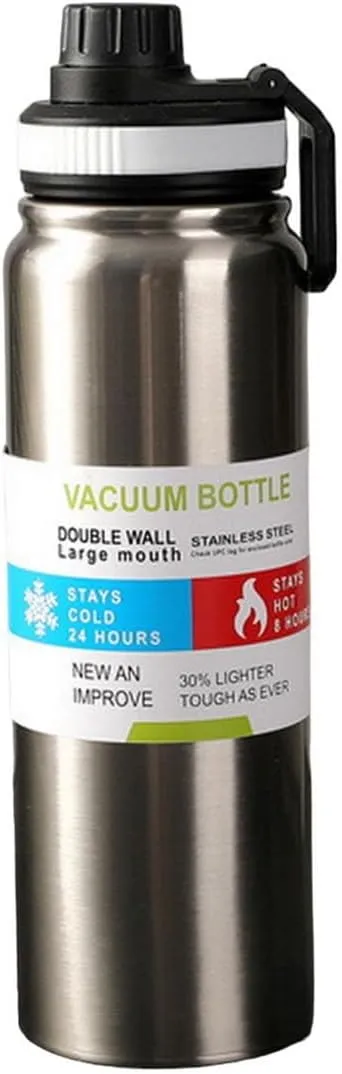 Secure Lid Water Bottle Sports Stainless Steel Insulated Large Capacity Portable Travel Gym Workout Thermal Drinking Silver 600ML
