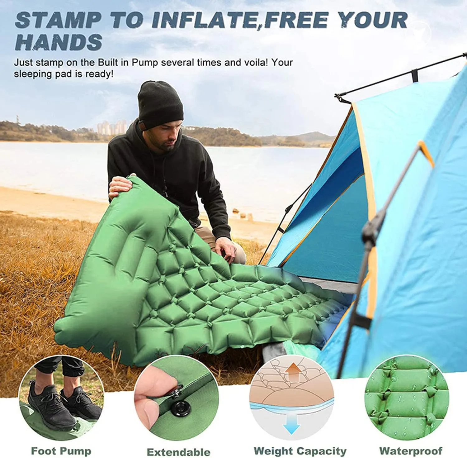 Self Inflating Pads, Foot Pump Portable Mattress Camping Sleeping Mat with Pillow for Outdoor Hiking Backpacking (Green)