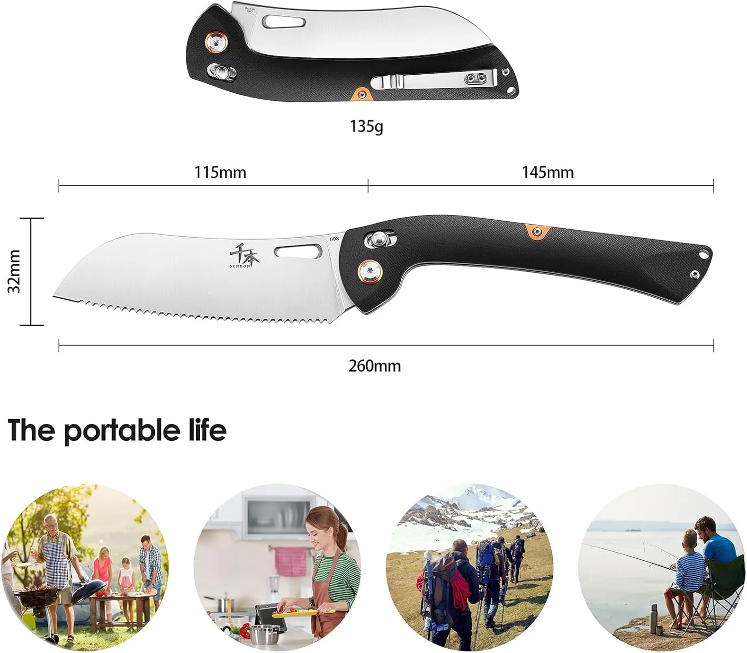 SENBON 440 Stainless Steel Super Sharp Pocket Folding Chef Knife Handle Camping Barbecue Outdoor Back Clip Portable